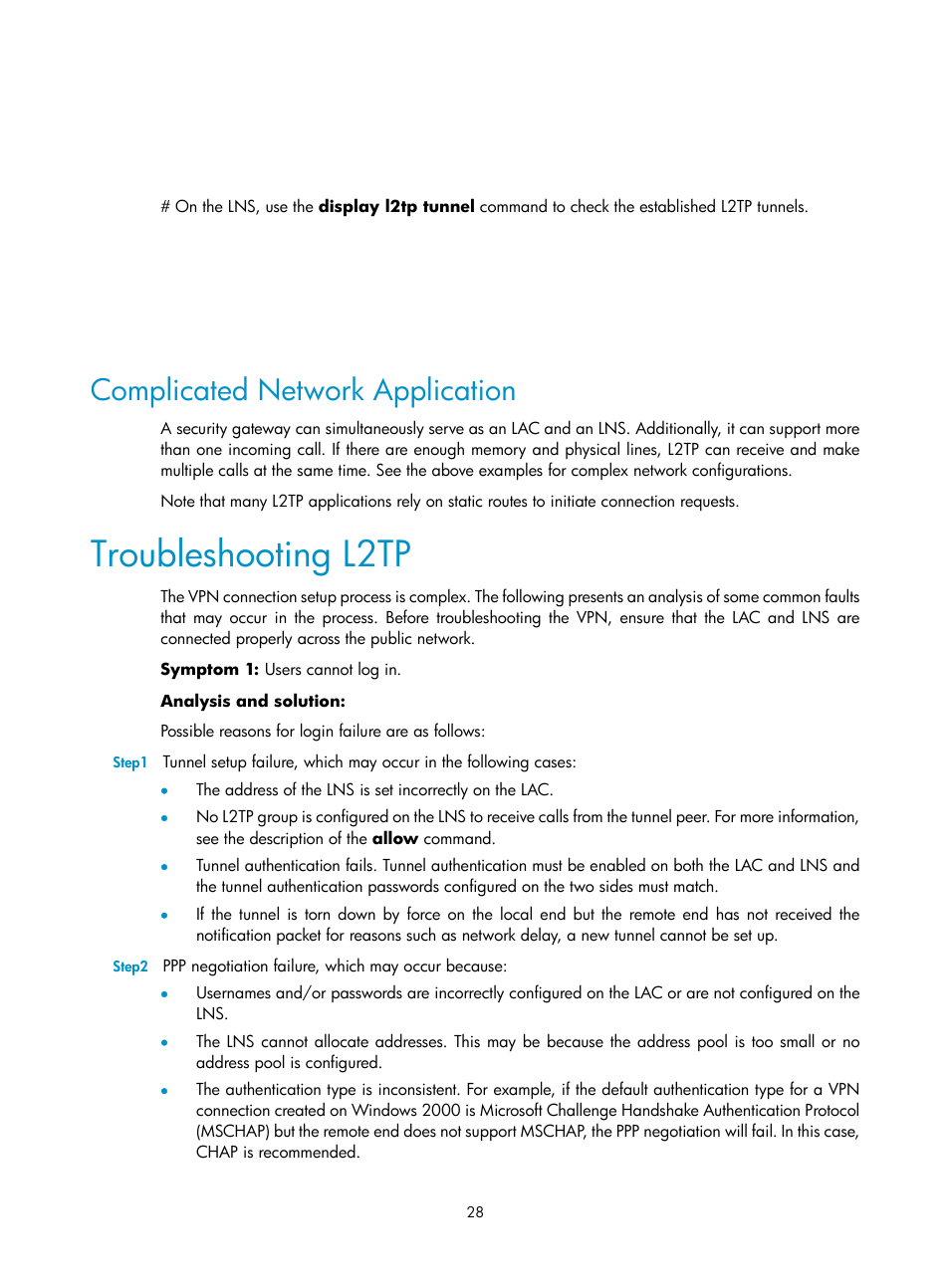 Complicated network application, Troubleshooting l2tp | H3C Technologies H3C SecPath F1000-E User Manual | Page 61 / 80