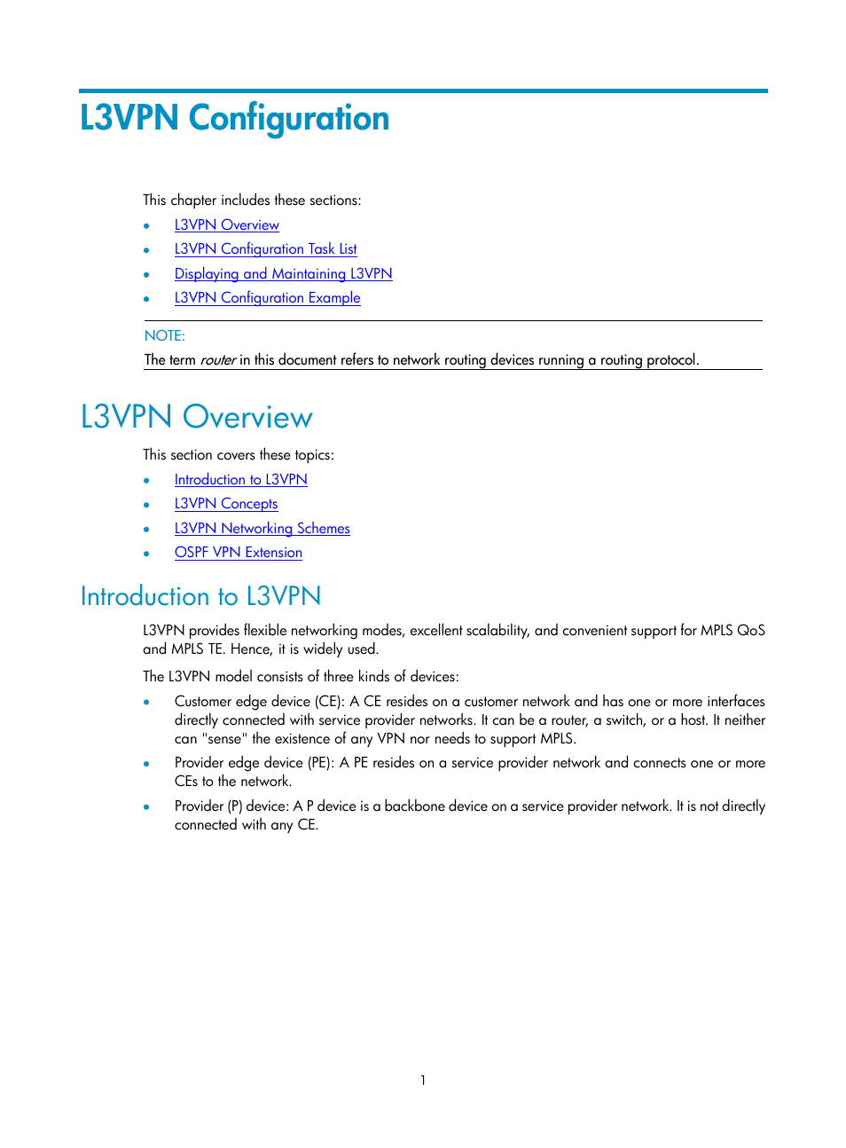 L3vpn configuration, L3vpn overview, Introduction to l3vpn | H3C Technologies H3C SecPath F1000-E User Manual | Page 64 / 80