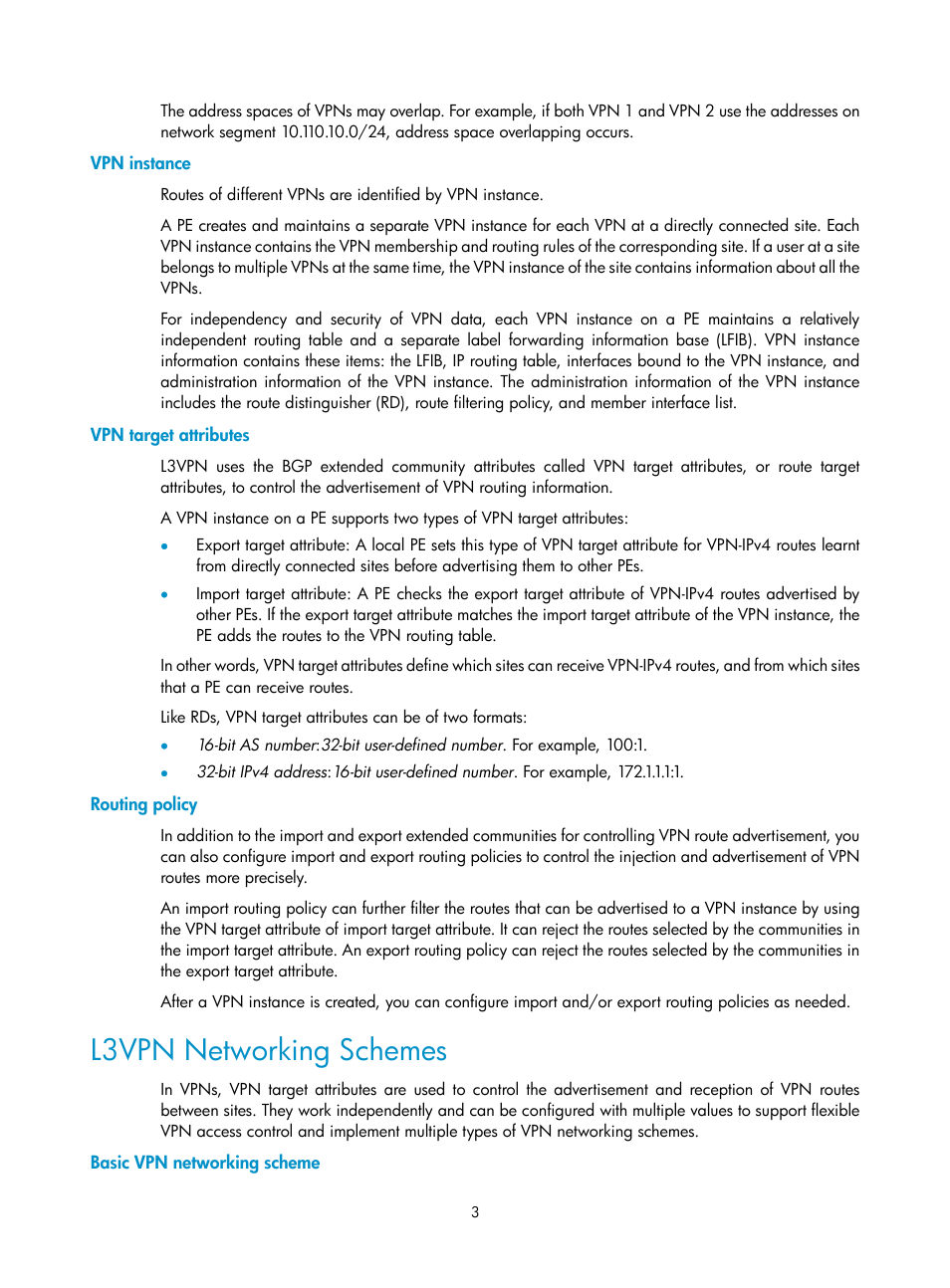 Vpn instance, Vpn target attributes, Routing policy | L3vpn networking schemes, Basic vpn networking scheme | H3C Technologies H3C SecPath F1000-E User Manual | Page 66 / 80