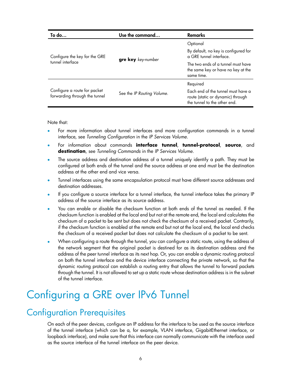 Configuring a gre over ipv6 tunnel, Configuration prerequisites | H3C Technologies H3C SecPath F1000-E User Manual | Page 7 / 80