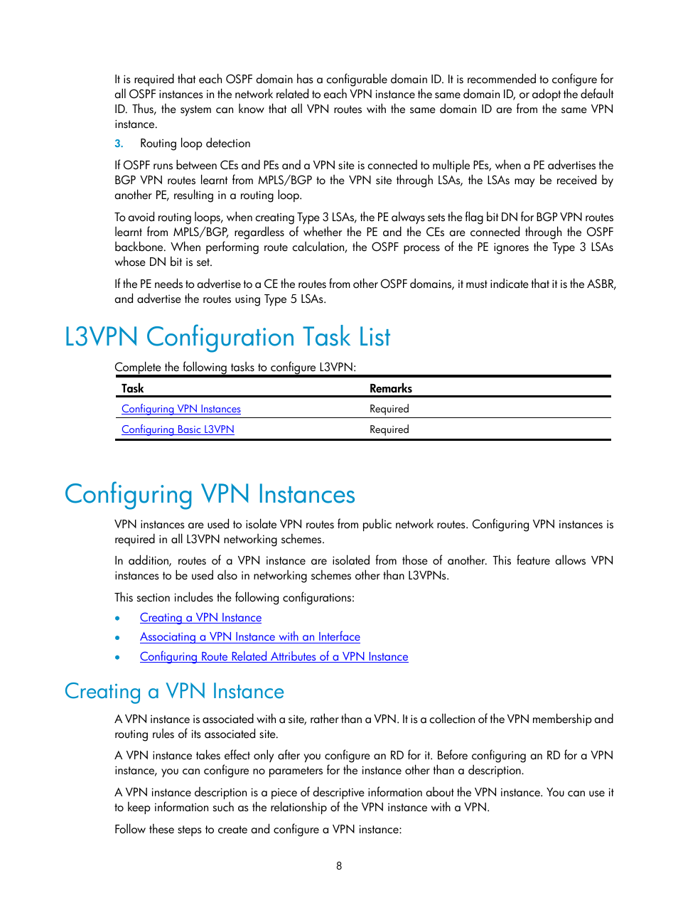 L3vpn configuration task list, Configuring vpn instances, Creating a vpn instance | H3C Technologies H3C SecPath F1000-E User Manual | Page 71 / 80