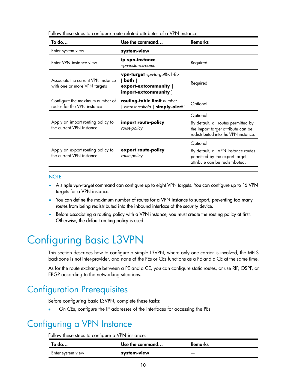 Configuring basic l3vpn, Configuration prerequisites, Configuring a vpn instance | H3C Technologies H3C SecPath F1000-E User Manual | Page 73 / 80
