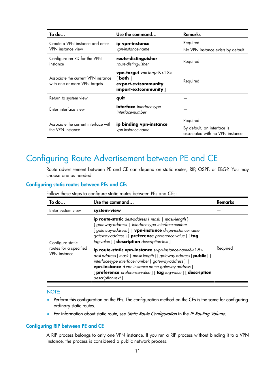 Configuring route advertisement between pe and ce, Configuring static routes between pes and ces, Configuring rip between pe and ce | H3C Technologies H3C SecPath F1000-E User Manual | Page 74 / 80