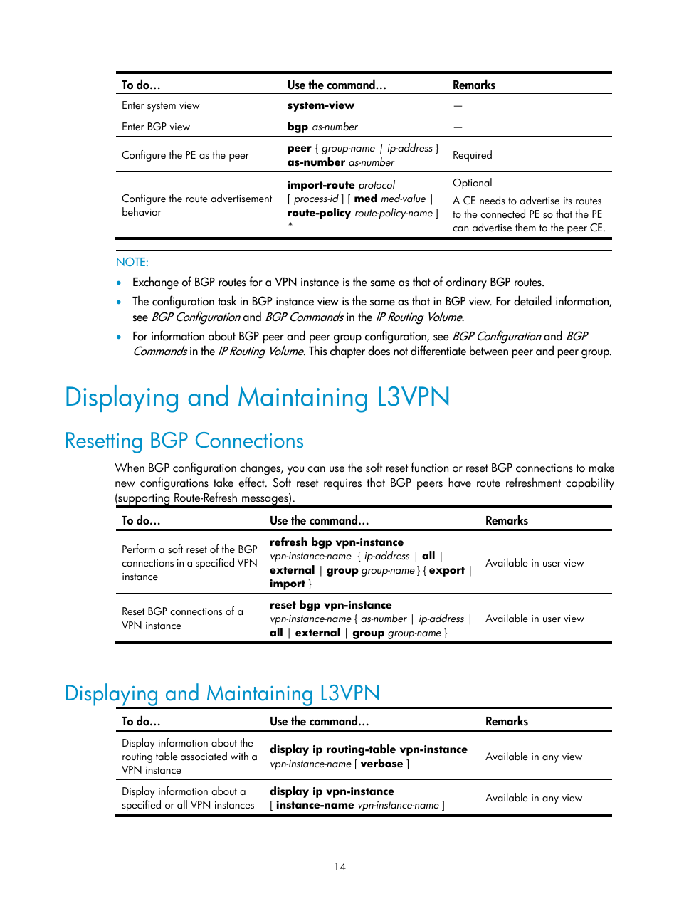 Displaying and maintaining l3vpn, Resetting bgp connections | H3C Technologies H3C SecPath F1000-E User Manual | Page 77 / 80