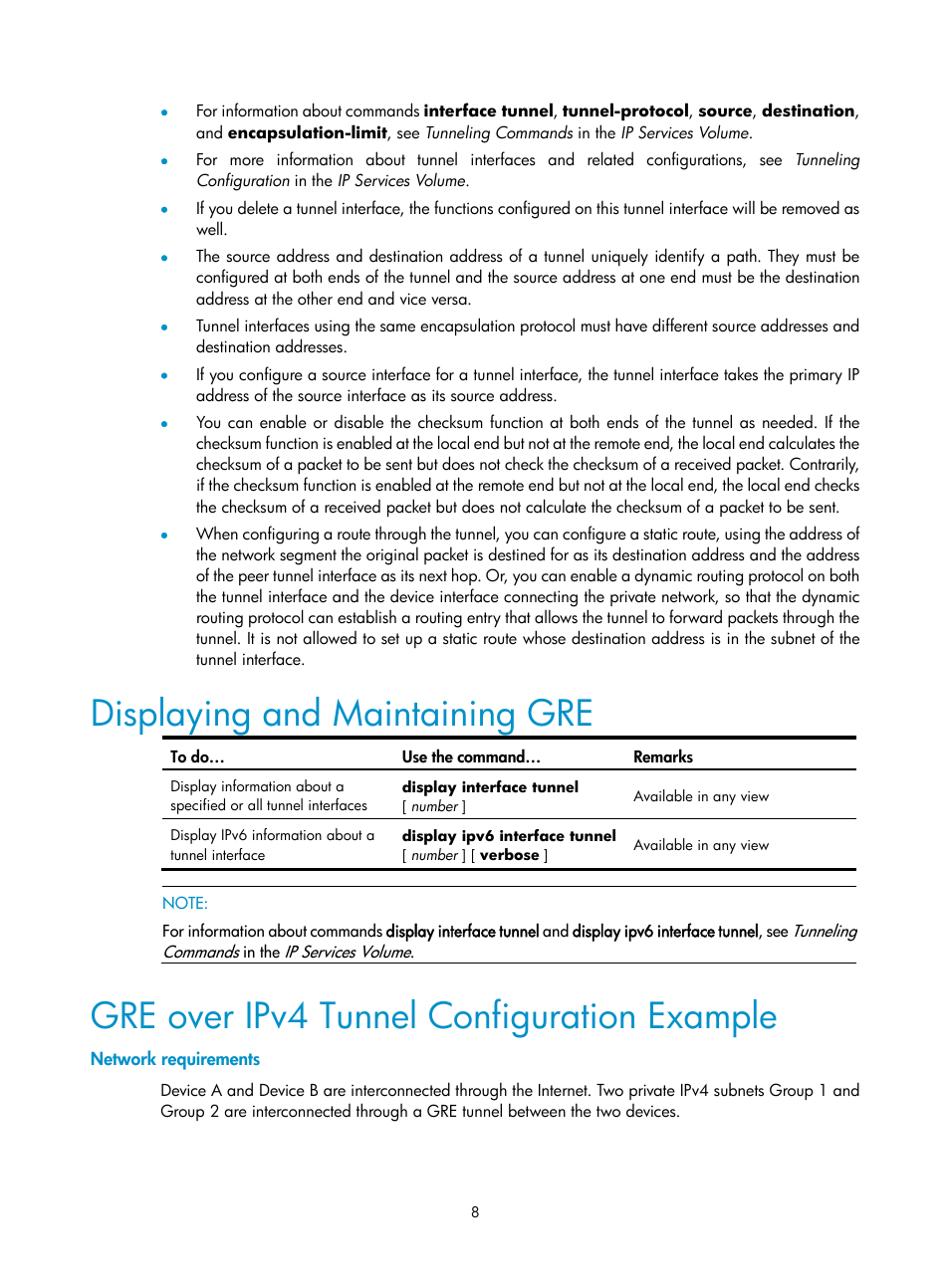 Displaying and maintaining gre, Gre over ipv4 tunnel configuration example, Network requirements | H3C Technologies H3C SecPath F1000-E User Manual | Page 9 / 80