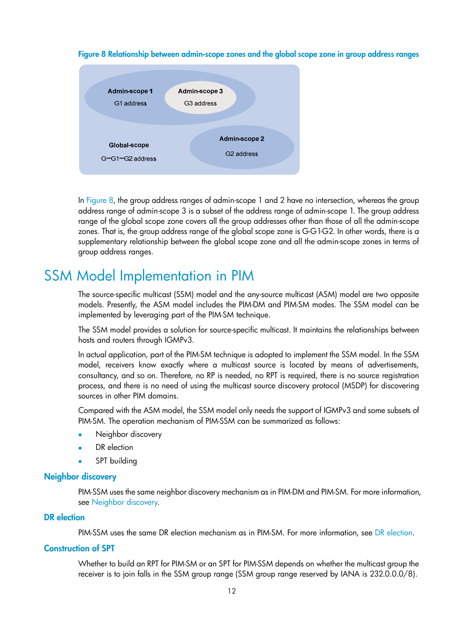 Ssm model implementation in pim, Neighbor discovery, Dr election | Construction of spt | H3C Technologies H3C SecPath F1000-E User Manual | Page 108 / 225