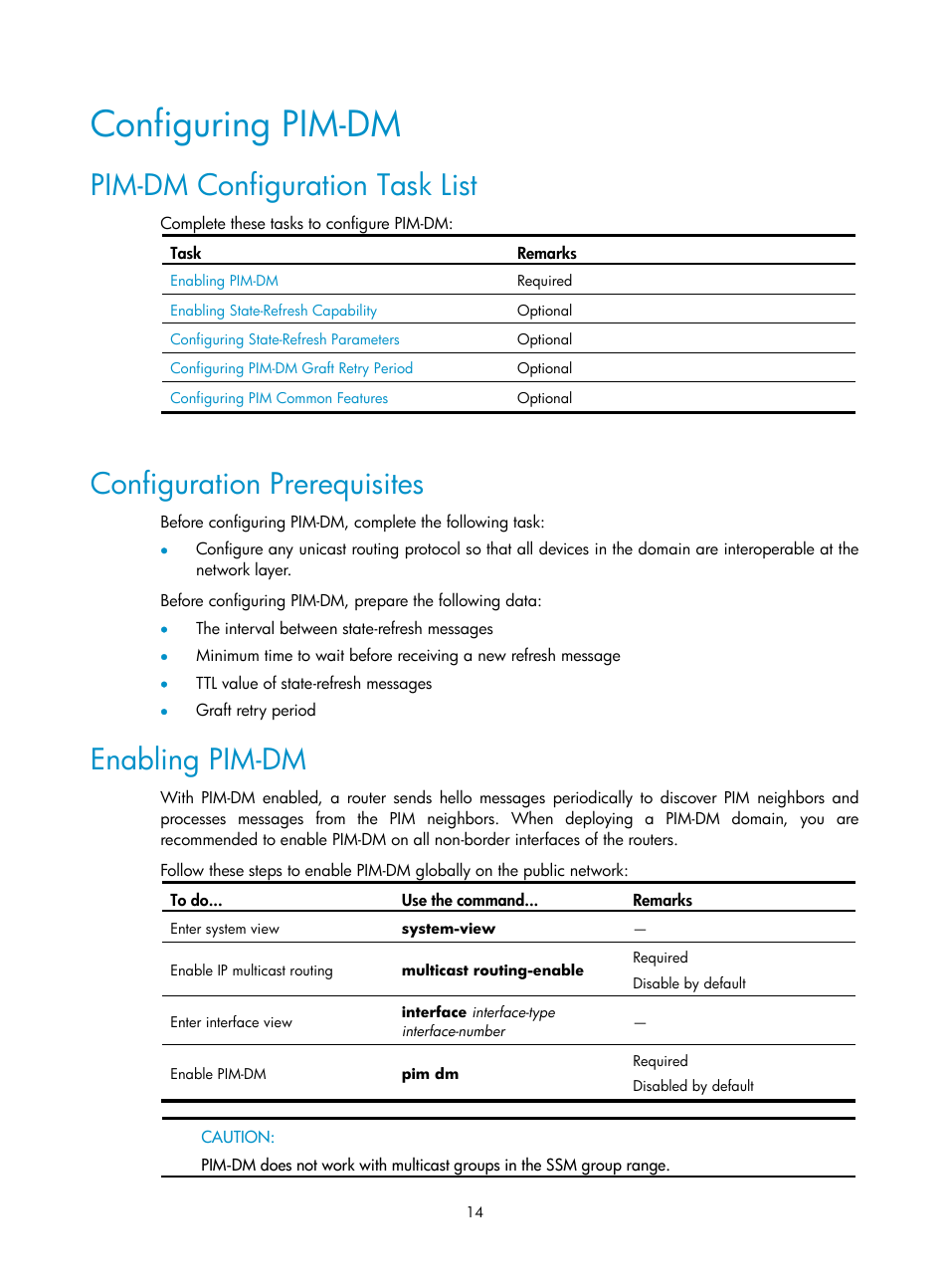 Configuring pim-dm, Pim-dm configuration task list, Configuration prerequisites | Enabling pim-dm | H3C Technologies H3C SecPath F1000-E User Manual | Page 110 / 225