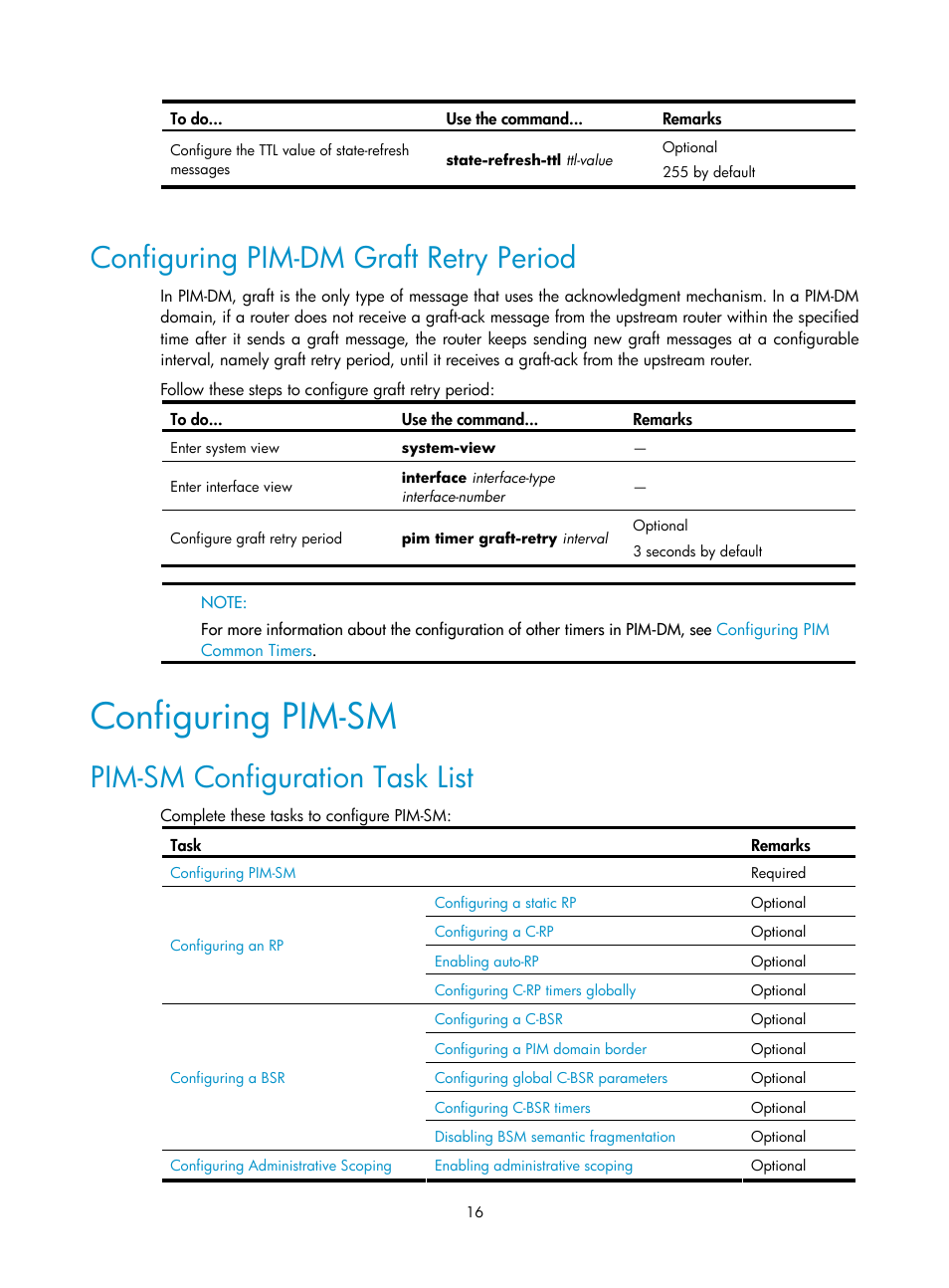 Configuring pim-dm graft retry period, Configuring pim-sm, Pim-sm configuration task list | H3C Technologies H3C SecPath F1000-E User Manual | Page 112 / 225