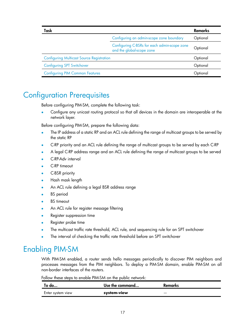 Configuration prerequisites, Enabling pim-sm | H3C Technologies H3C SecPath F1000-E User Manual | Page 113 / 225