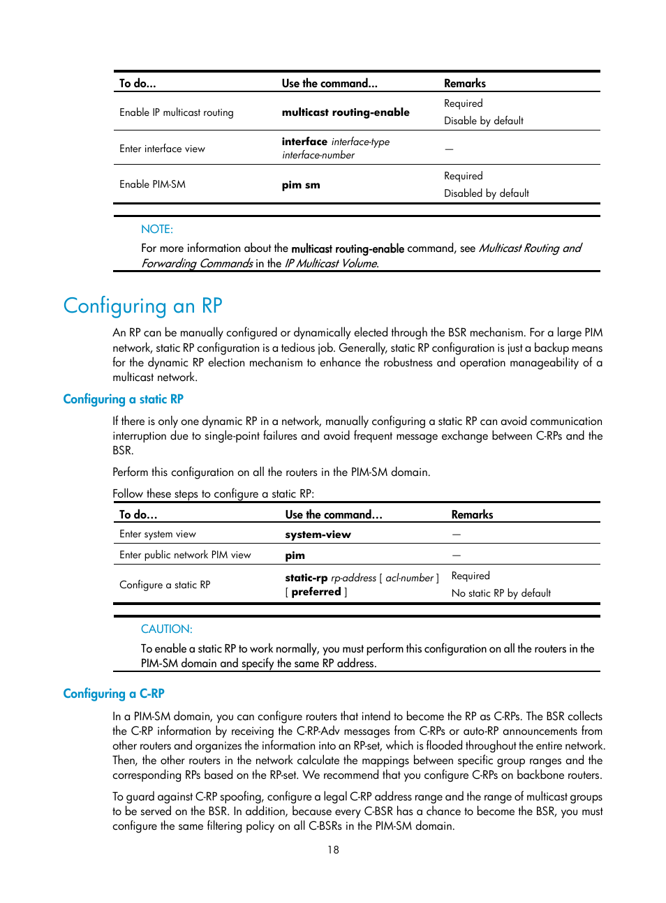 Configuring an rp, Configuring a static rp, Configuring a c-rp | H3C Technologies H3C SecPath F1000-E User Manual | Page 114 / 225