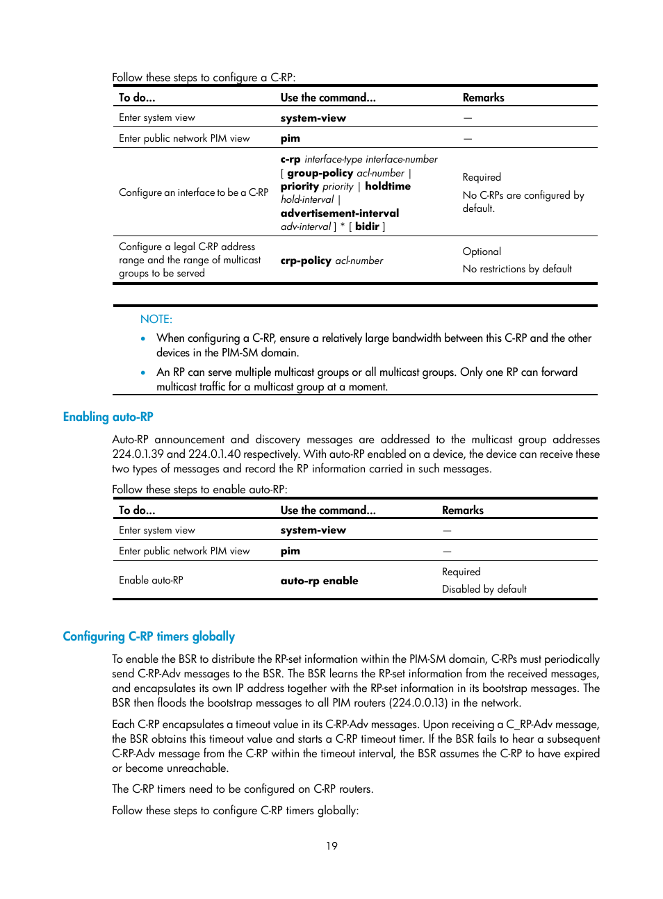 Enabling auto-rp, Configuring c-rp timers globally | H3C Technologies H3C SecPath F1000-E User Manual | Page 115 / 225