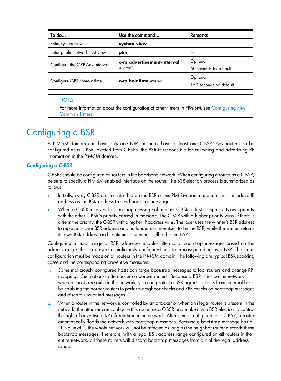 Configuring a bsr, Configuring a c-bsr | H3C Technologies H3C SecPath F1000-E User Manual | Page 116 / 225