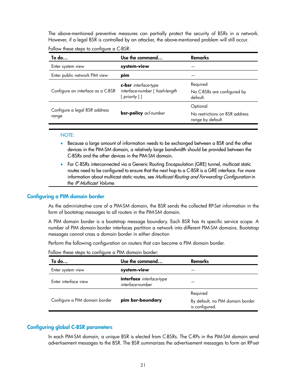 Configuring a pim domain border, Configuring global c-bsr parameters | H3C Technologies H3C SecPath F1000-E User Manual | Page 117 / 225