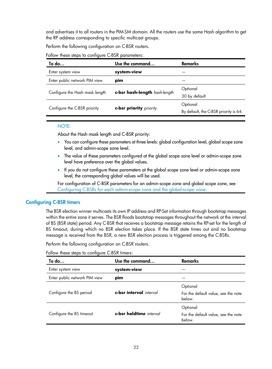 Configuring c-bsr timers | H3C Technologies H3C SecPath F1000-E User Manual | Page 118 / 225