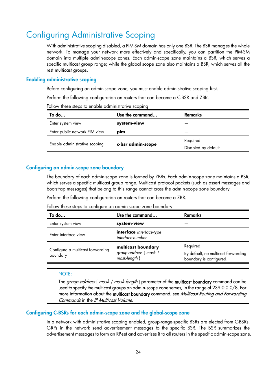 Configuring administrative scoping, Enabling administrative scoping, Configuring an admin-scope zone boundary | H3C Technologies H3C SecPath F1000-E User Manual | Page 120 / 225