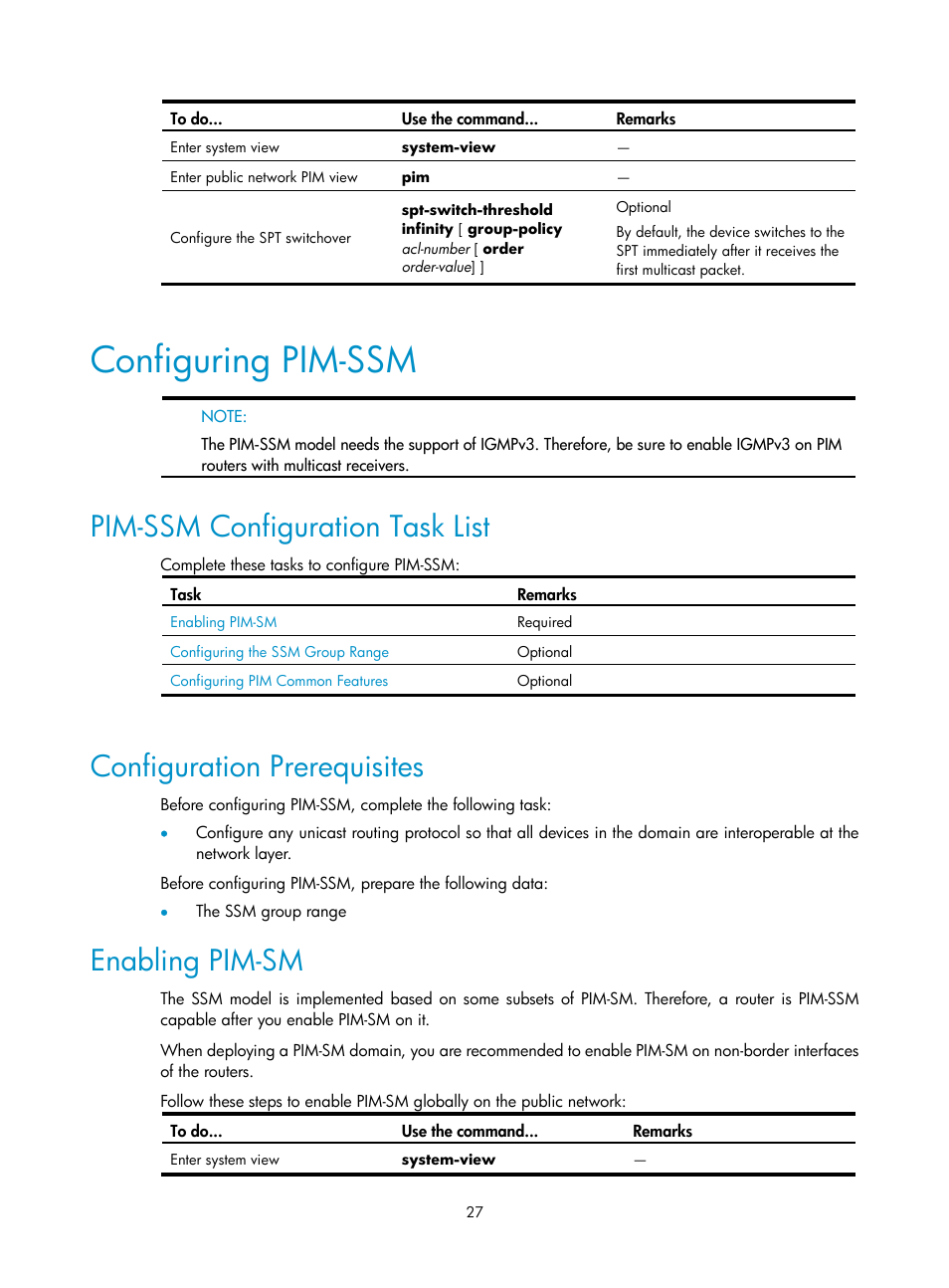 Configuring pim-ssm, Pim-ssm configuration task list, Configuration prerequisites | Enabling pim-sm | H3C Technologies H3C SecPath F1000-E User Manual | Page 123 / 225