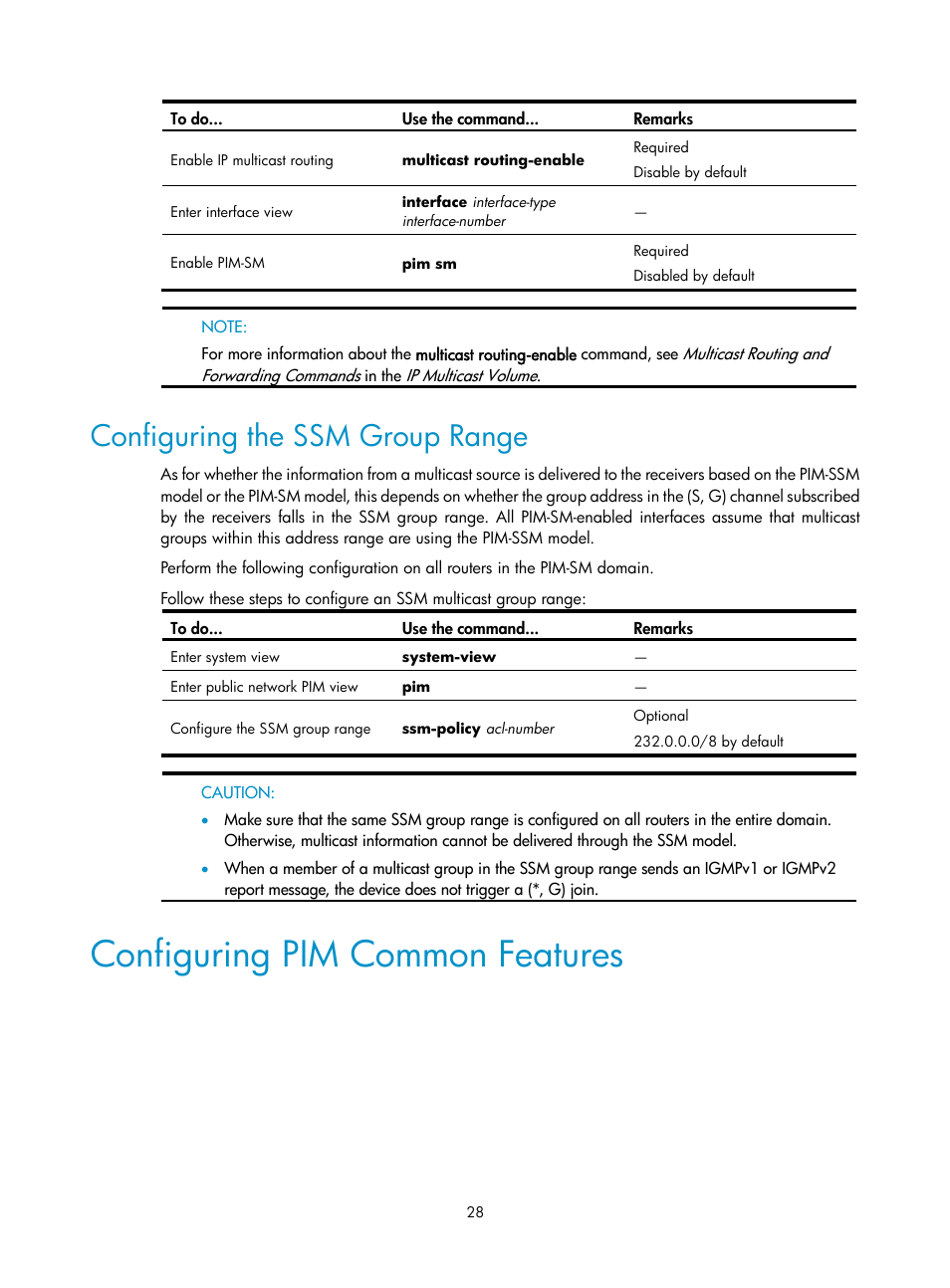 Configuring the ssm group range, Configuring pim common features | H3C Technologies H3C SecPath F1000-E User Manual | Page 124 / 225