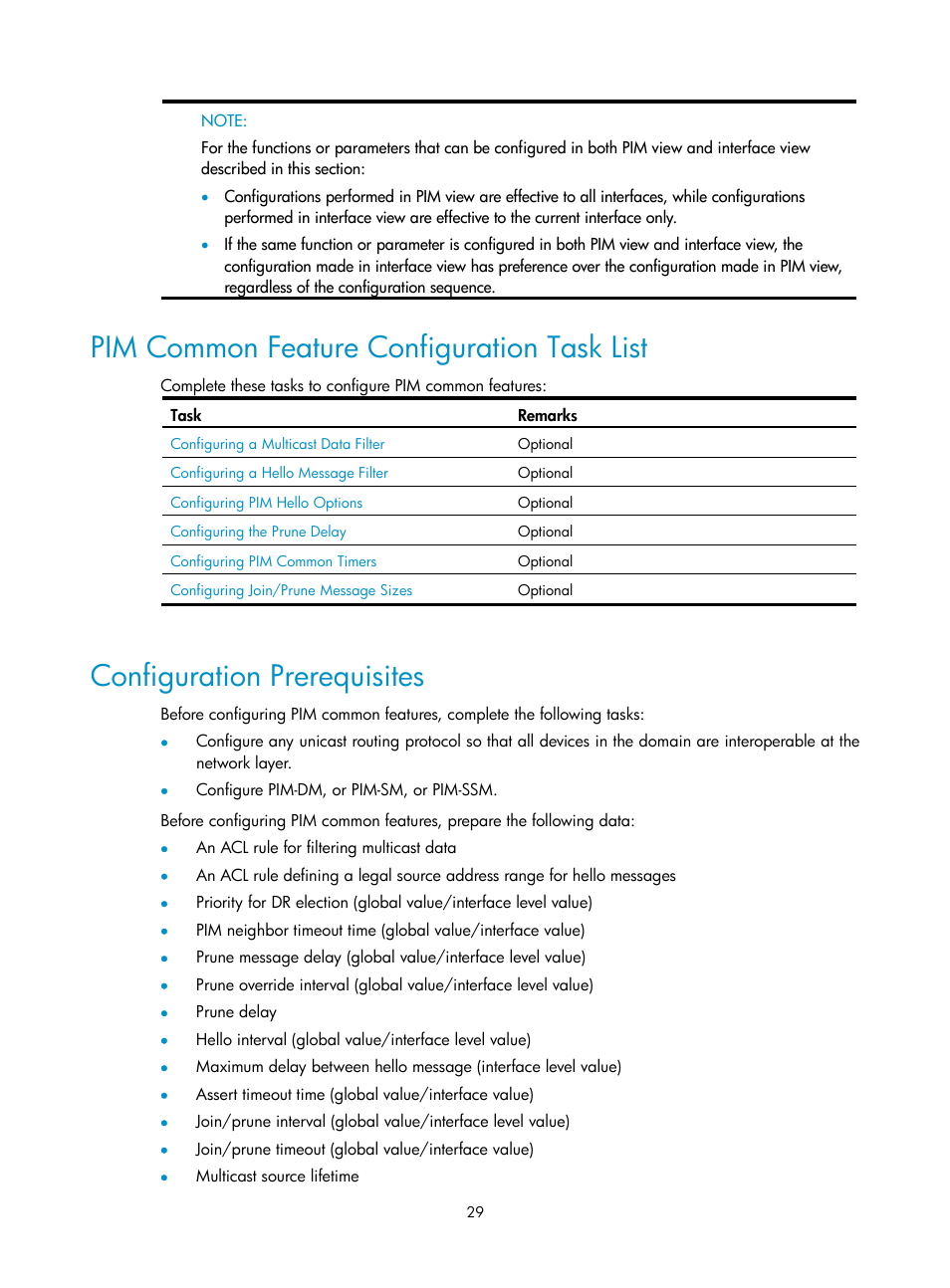 Pim common feature configuration task list, Configuration prerequisites | H3C Technologies H3C SecPath F1000-E User Manual | Page 125 / 225