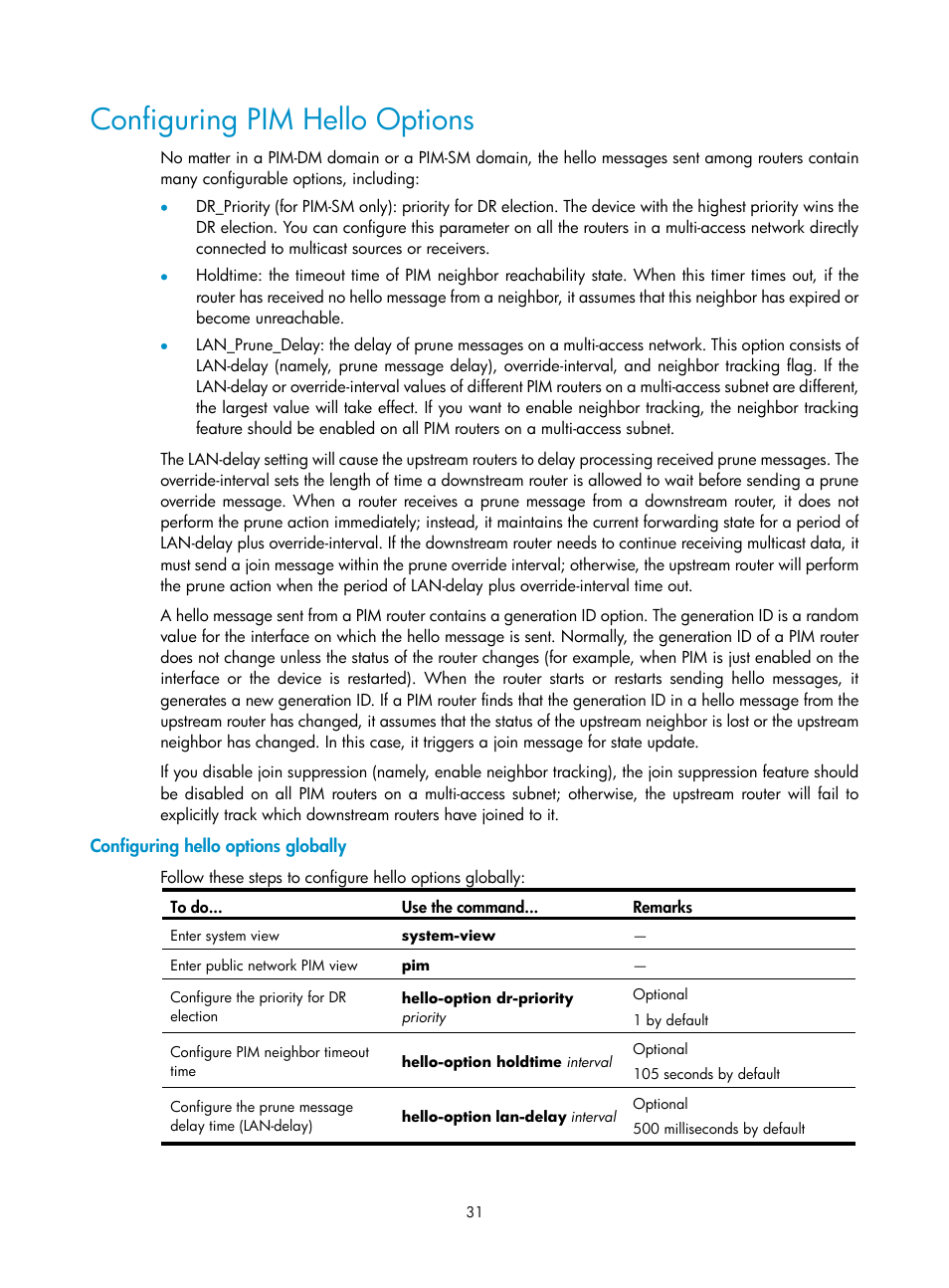 Configuring pim hello options, Configuring hello options globally | H3C Technologies H3C SecPath F1000-E User Manual | Page 127 / 225