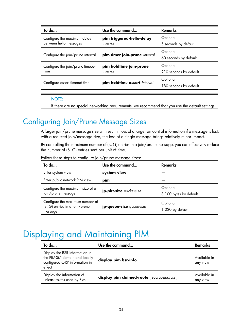 Configuring join/prune message sizes, Displaying and maintaining pim | H3C Technologies H3C SecPath F1000-E User Manual | Page 130 / 225