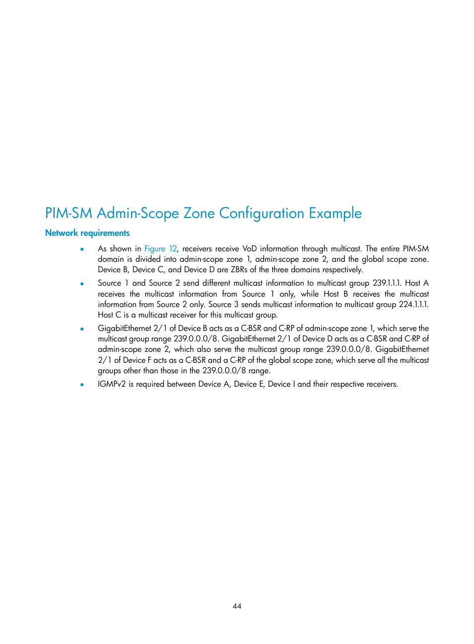 Pim-sm admin-scope zone configuration example, Network requirements | H3C Technologies H3C SecPath F1000-E User Manual | Page 140 / 225