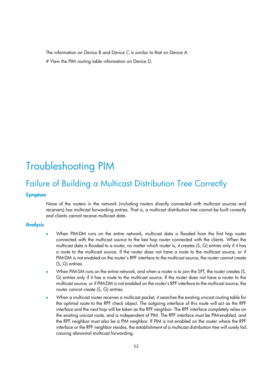 Troubleshooting pim, Symptom, Analysis | H3C Technologies H3C SecPath F1000-E User Manual | Page 149 / 225