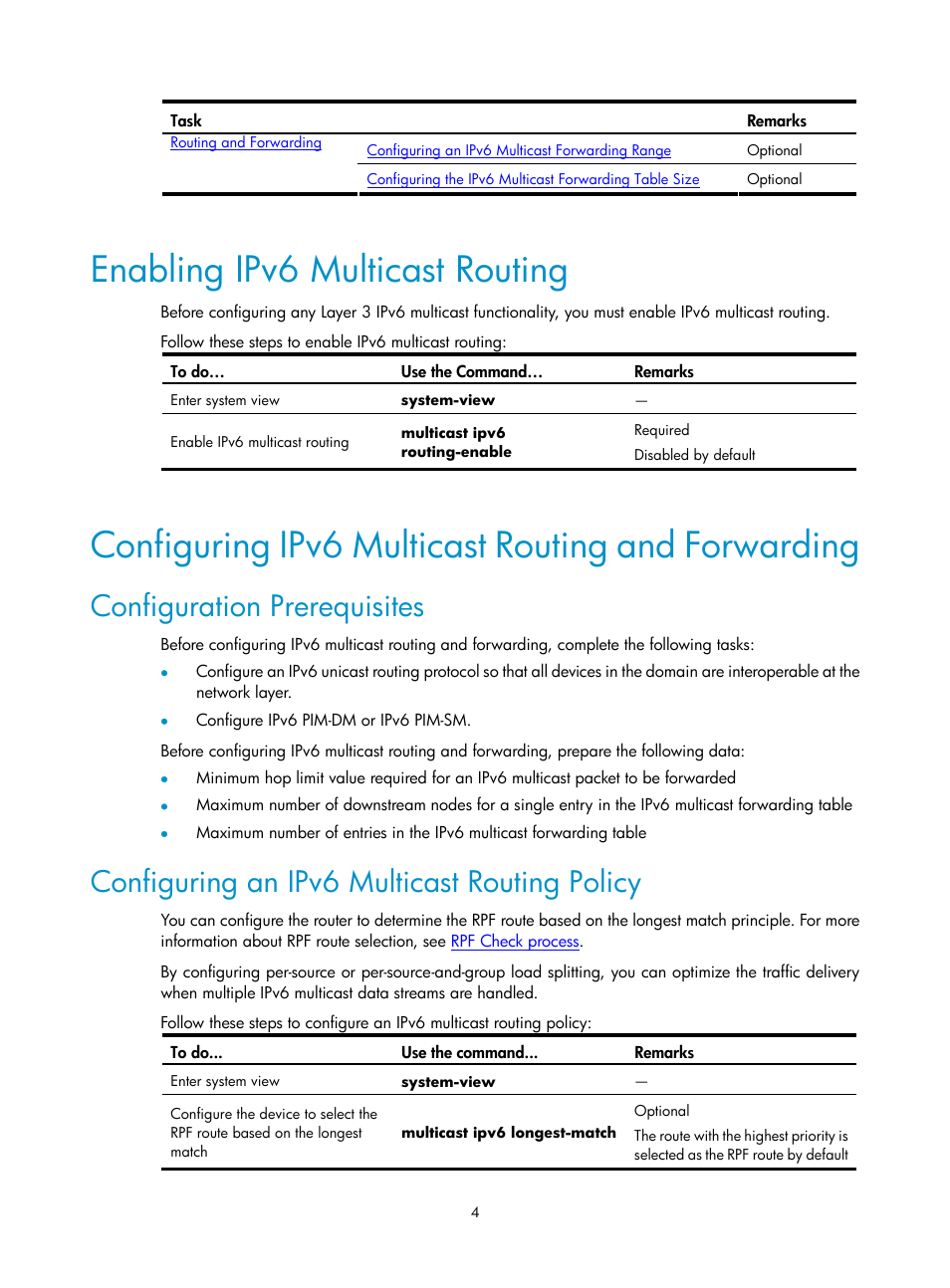 Enabling ipv6 multicast routing, Configuring ipv6 multicast routing and forwarding, Configuration prerequisites | Configuring an ipv6 multicast routing policy, Configuring an ipv6 | H3C Technologies H3C SecPath F1000-E User Manual | Page 157 / 225