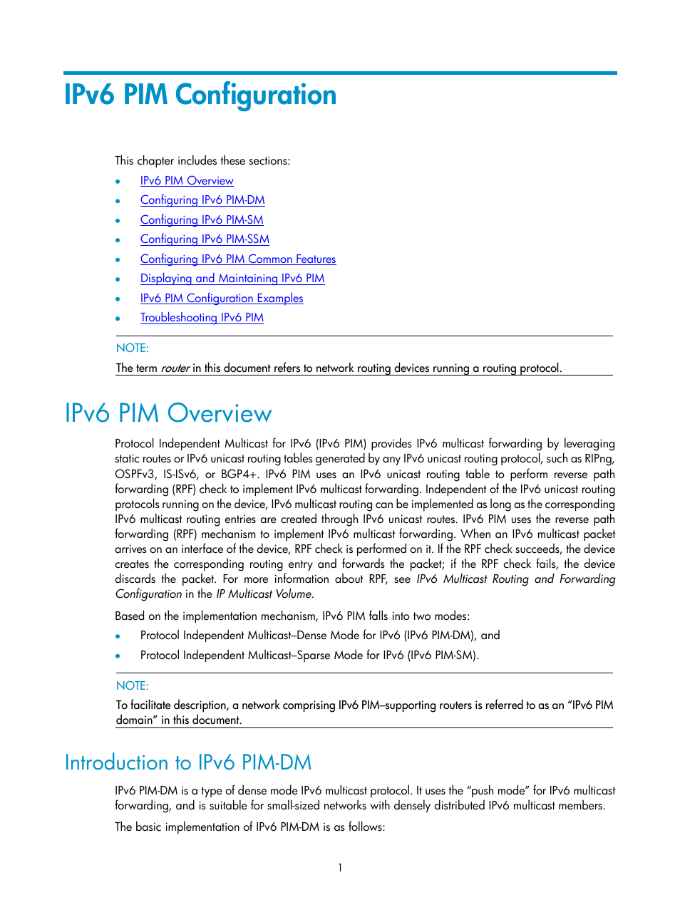 Ipv6 pim configuration, Ipv6 pim overview, Introduction to ipv6 pim-dm | H3C Technologies H3C SecPath F1000-E User Manual | Page 164 / 225