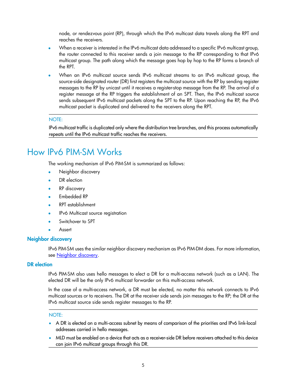 How ipv6 pim-sm works, Neighbor discovery, Dr election | H3C Technologies H3C SecPath F1000-E User Manual | Page 168 / 225