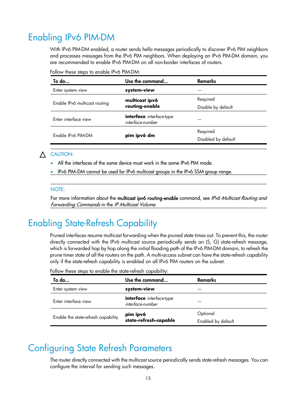 Enabling ipv6 pim-dm, Enabling state-refresh capability, Configuring state refresh parameters | H3C Technologies H3C SecPath F1000-E User Manual | Page 178 / 225