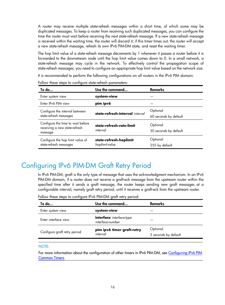 Configuring ipv6 pim-dm graft retry period | H3C Technologies H3C SecPath F1000-E User Manual | Page 179 / 225