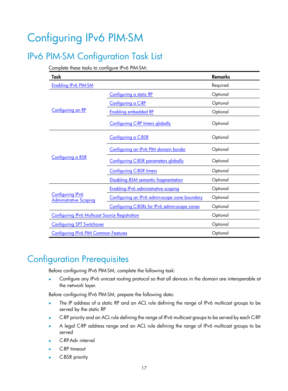 Configuring ipv6 pim-sm, Ipv6 pim-sm configuration task list, Configuration prerequisites | H3C Technologies H3C SecPath F1000-E User Manual | Page 180 / 225