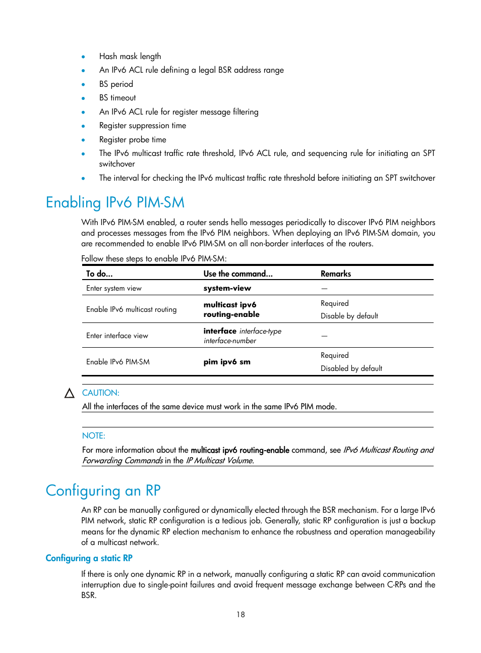 Enabling ipv6 pim-sm, Configuring an rp, Configuring a static rp | H3C Technologies H3C SecPath F1000-E User Manual | Page 181 / 225