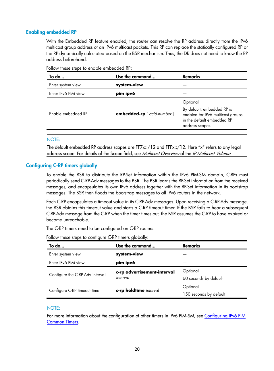 Enabling embedded rp, Configuring c-rp timers globally | H3C Technologies H3C SecPath F1000-E User Manual | Page 183 / 225