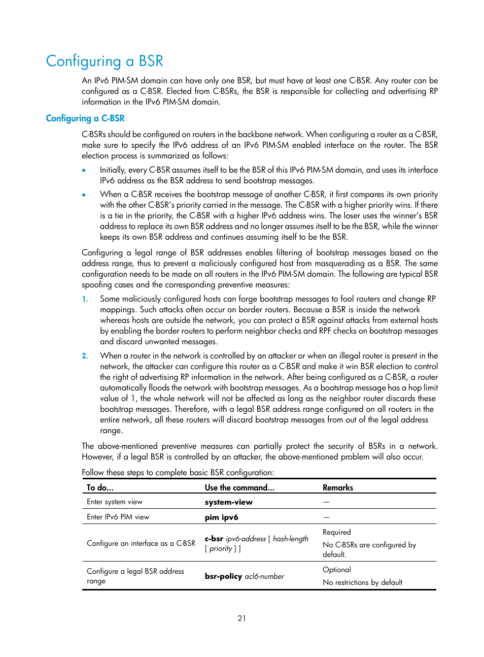 Configuring a bsr, Configuring a c-bsr | H3C Technologies H3C SecPath F1000-E User Manual | Page 184 / 225