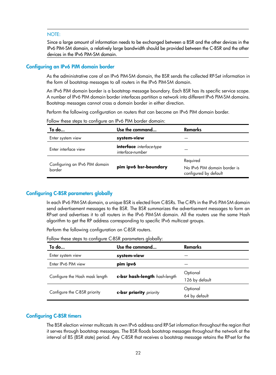 Configuring an ipv6 pim domain border, Configuring c-bsr parameters globally, Configuring c-bsr timers | H3C Technologies H3C SecPath F1000-E User Manual | Page 185 / 225