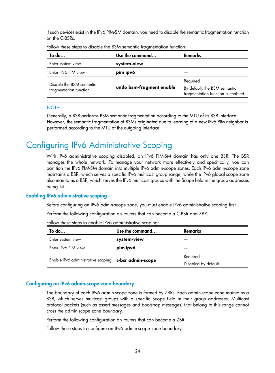 Configuring ipv6 administrative scoping, Enabling ipv6 administrative scoping, Configuring an ipv6 admin-scope zone boundary | Configuring ipv6, Administrative scoping | H3C Technologies H3C SecPath F1000-E User Manual | Page 187 / 225