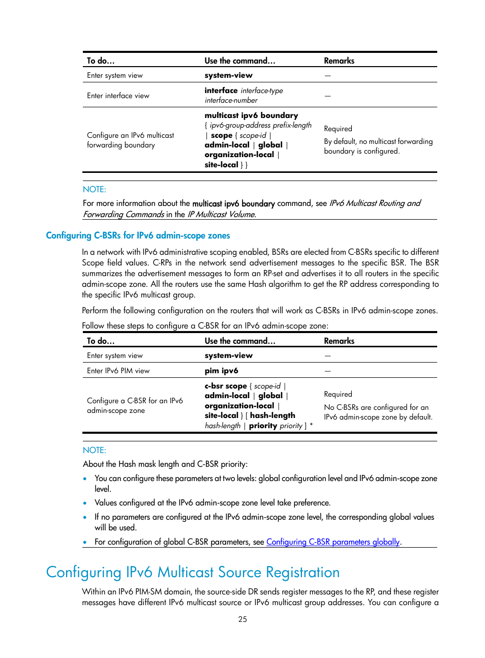 Configuring c-bsrs for ipv6 admin-scope zones, Configuring ipv6 multicast source registration | H3C Technologies H3C SecPath F1000-E User Manual | Page 188 / 225