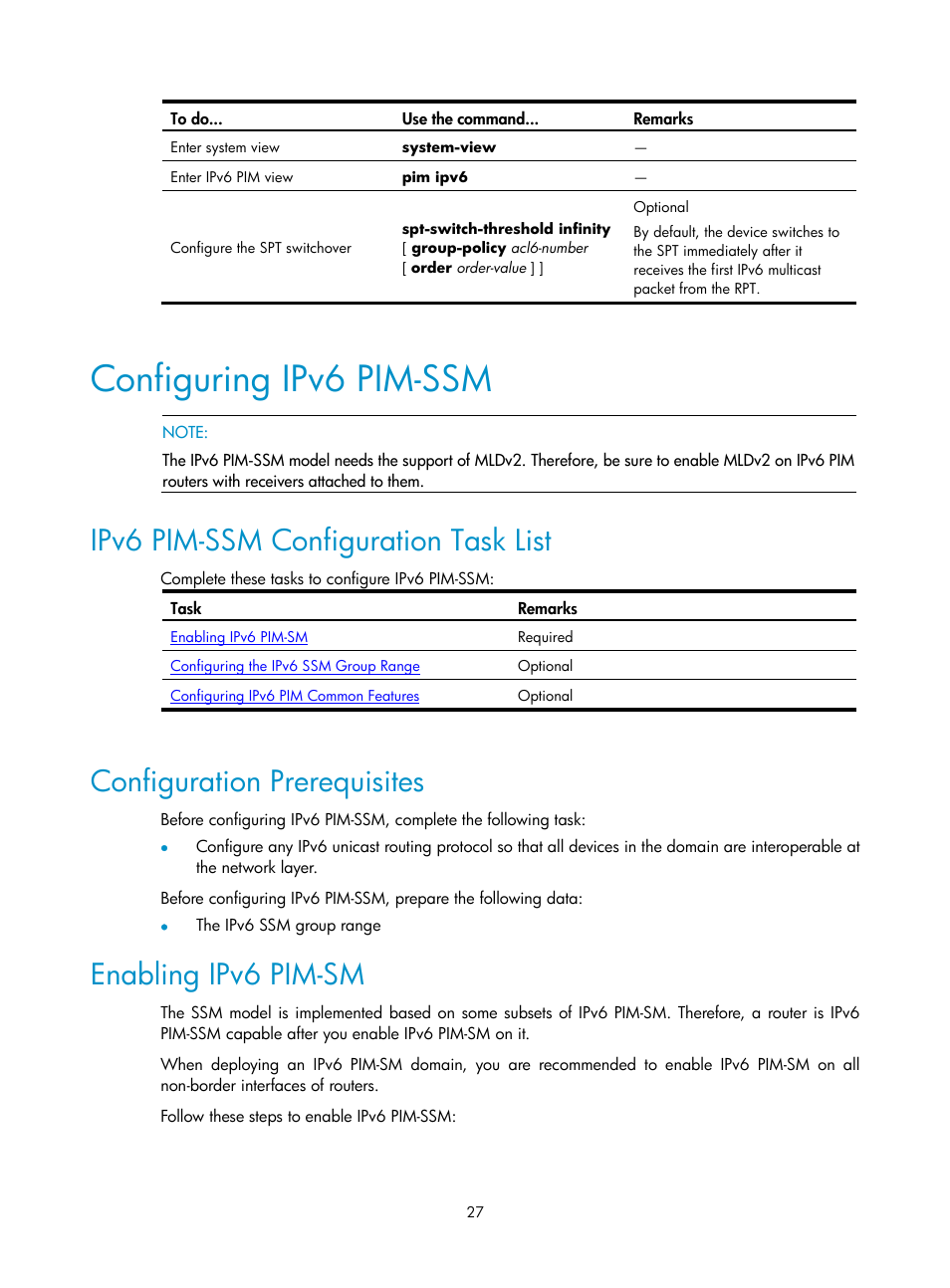 Configuring ipv6 pim-ssm, Ipv6 pim-ssm configuration task list, Configuration prerequisites | Enabling ipv6 pim-sm | H3C Technologies H3C SecPath F1000-E User Manual | Page 190 / 225