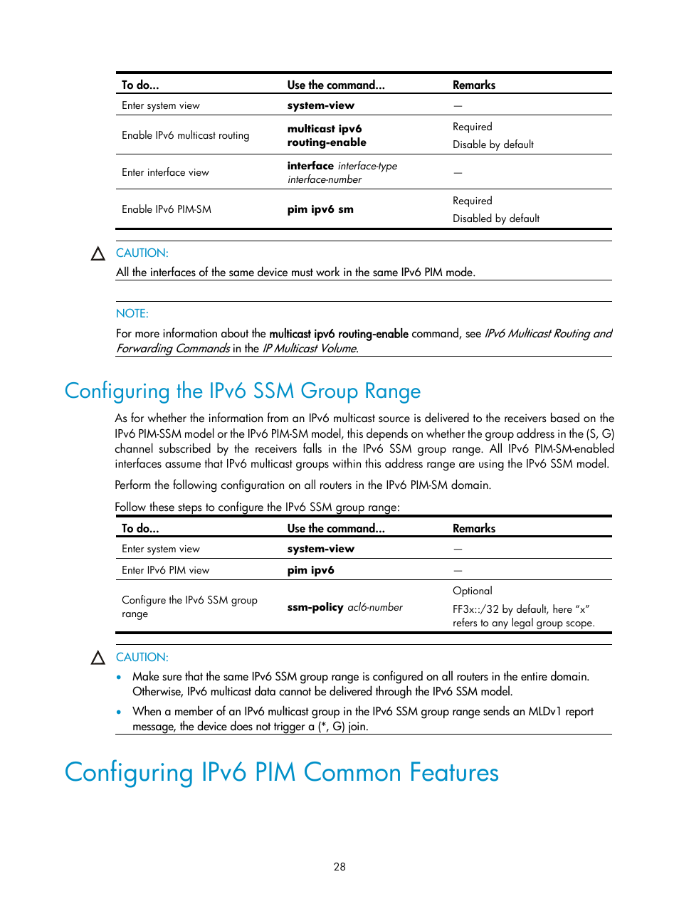 Configuring the ipv6 ssm group range, Configuring ipv6 pim common features | H3C Technologies H3C SecPath F1000-E User Manual | Page 191 / 225