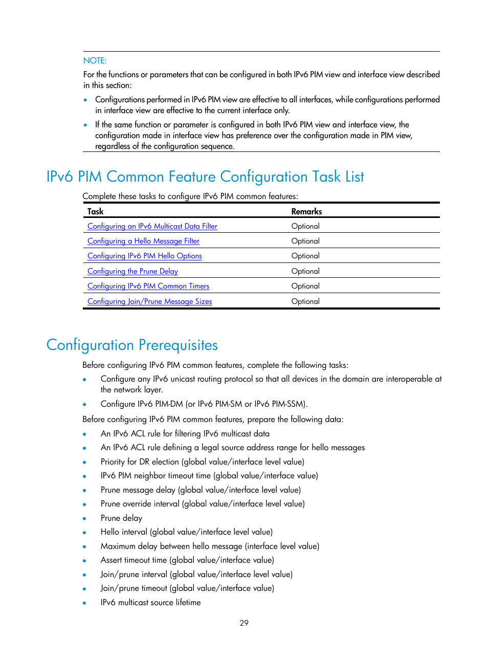 Ipv6 pim common feature configuration task list, Configuration prerequisites | H3C Technologies H3C SecPath F1000-E User Manual | Page 192 / 225