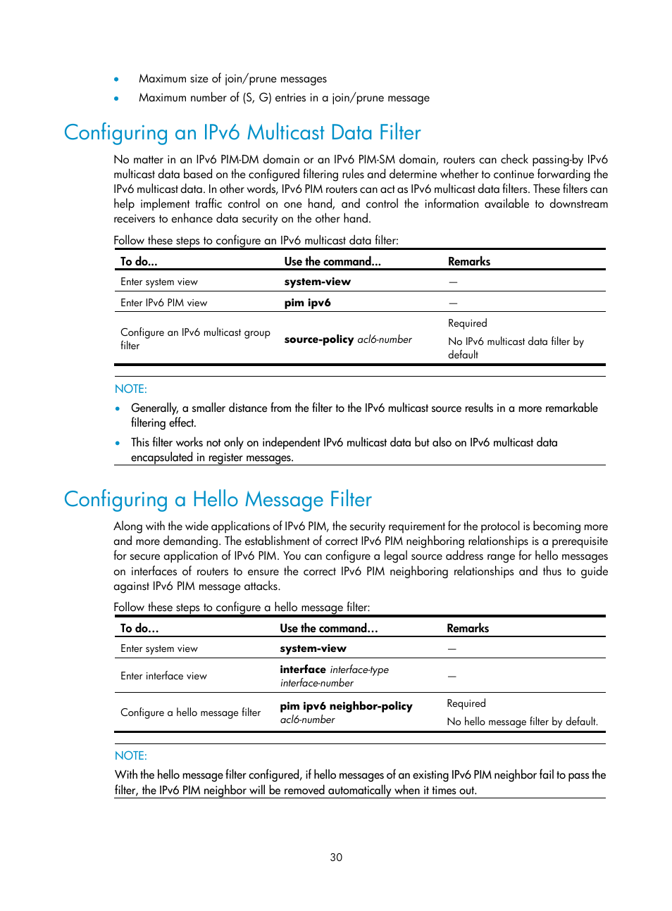 Configuring an ipv6 multicast data filter, Configuring a hello message filter | H3C Technologies H3C SecPath F1000-E User Manual | Page 193 / 225