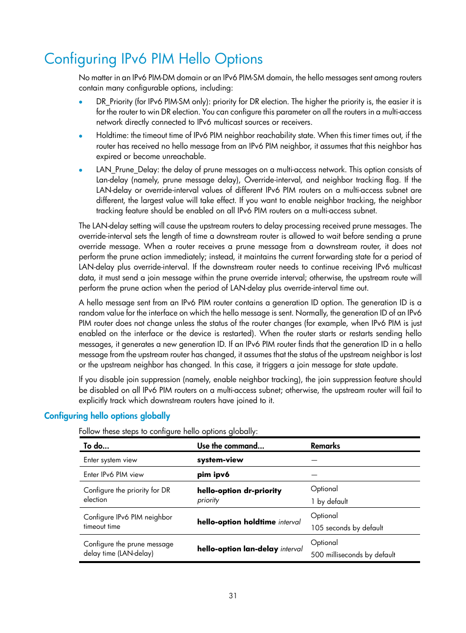 Configuring ipv6 pim hello options, Configuring hello options globally | H3C Technologies H3C SecPath F1000-E User Manual | Page 194 / 225