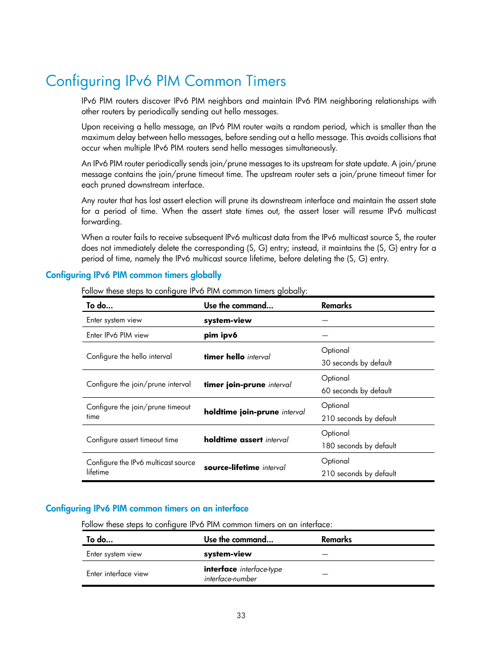 Configuring ipv6 pim common timers, Configuring ipv6 pim common timers globally, Configuring ipv6 pim common timers on an interface | H3C Technologies H3C SecPath F1000-E User Manual | Page 196 / 225
