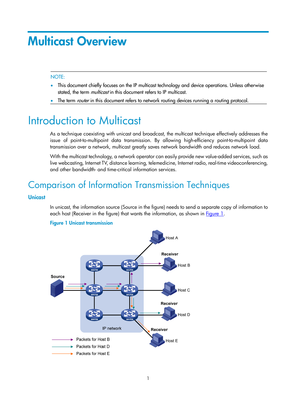 Multicast overview, Introduction to multicast, Comparison of information transmission techniques | Unicast | H3C Technologies H3C SecPath F1000-E User Manual | Page 2 / 225