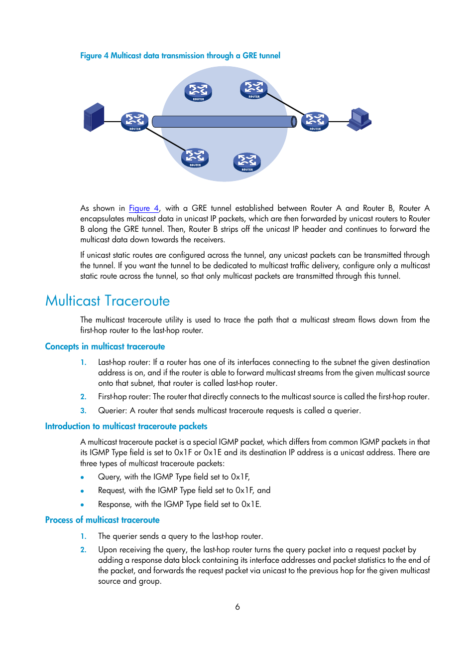 Multicast traceroute, Concepts in multicast traceroute, Introduction to multicast traceroute packets | Process of multicast traceroute | H3C Technologies H3C SecPath F1000-E User Manual | Page 20 / 225