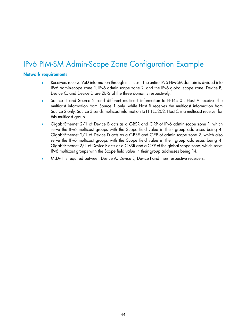 Ipv6 pim-sm admin-scope zone configuration example, Network requirements | H3C Technologies H3C SecPath F1000-E User Manual | Page 207 / 225