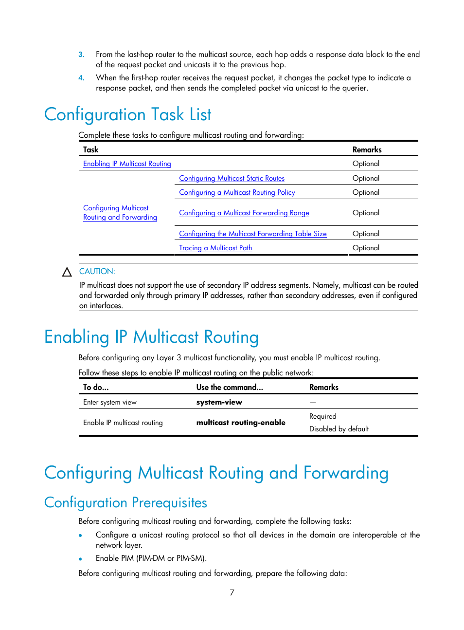 Configuration task list, Enabling ip multicast routing, Configuring multicast routing and forwarding | Configuration prerequisites | H3C Technologies H3C SecPath F1000-E User Manual | Page 21 / 225