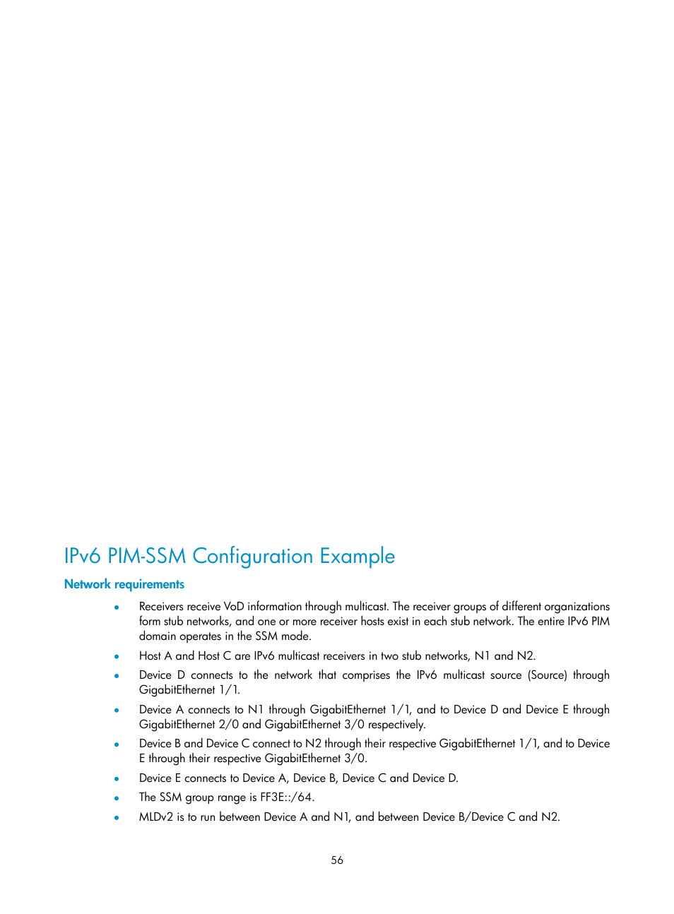 Ipv6 pim-ssm configuration example, Network requirements | H3C Technologies H3C SecPath F1000-E User Manual | Page 219 / 225