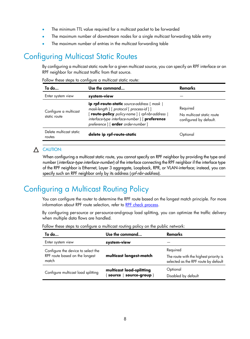 Configuring multicast static routes, Configuring a multicast routing policy | H3C Technologies H3C SecPath F1000-E User Manual | Page 22 / 225